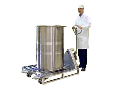 Stainless Steel Pallet Truck with a Stainless Steel Pallet and 200 liter Stainless Steel Drum
